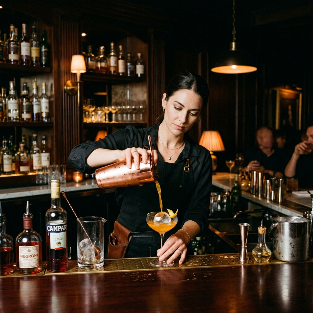 Skilled bartender making a cocktail in a premium dark moody bar