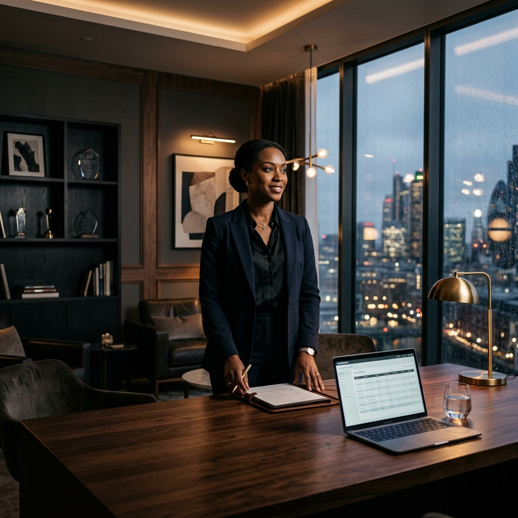 Professional hospitality manager in a luxury office setting
