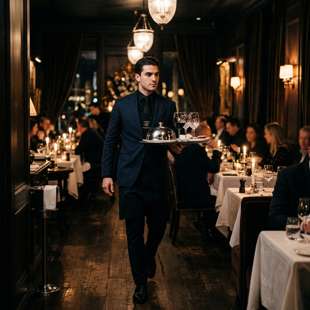 Sophisticated server in a luxury restaurant carrying a tray