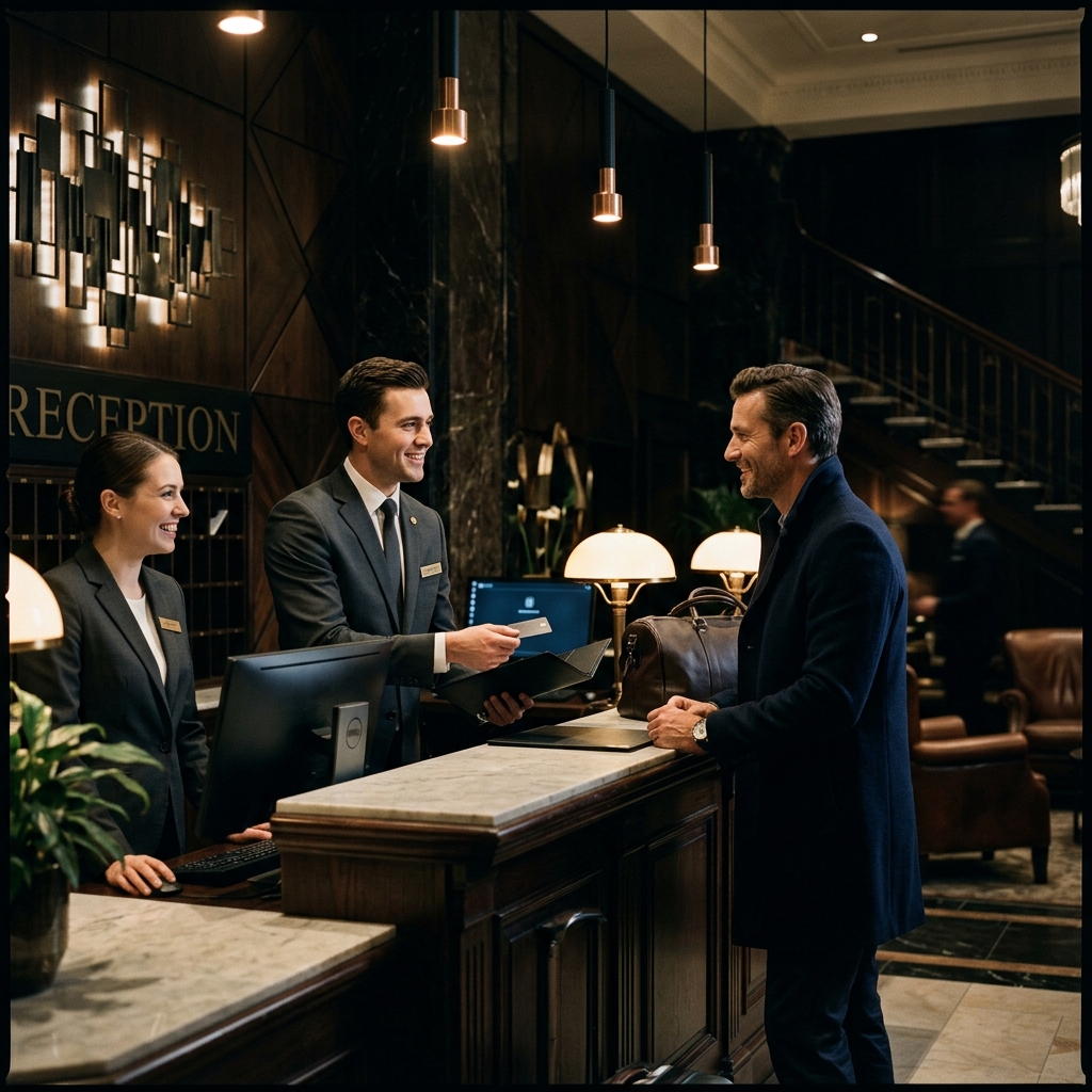 Luxurious hotel front desk with professional staff