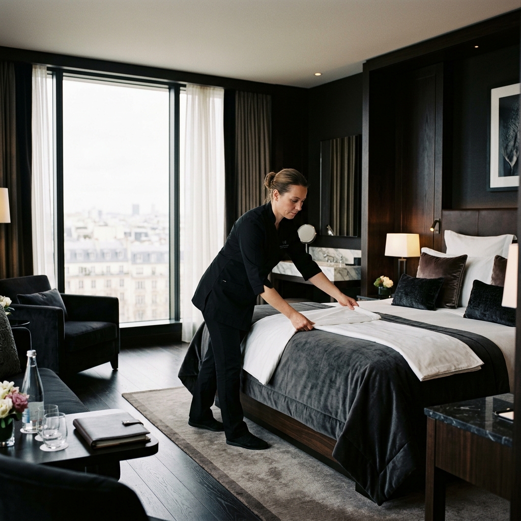 Professional housekeeper preparing a luxury hotel suite