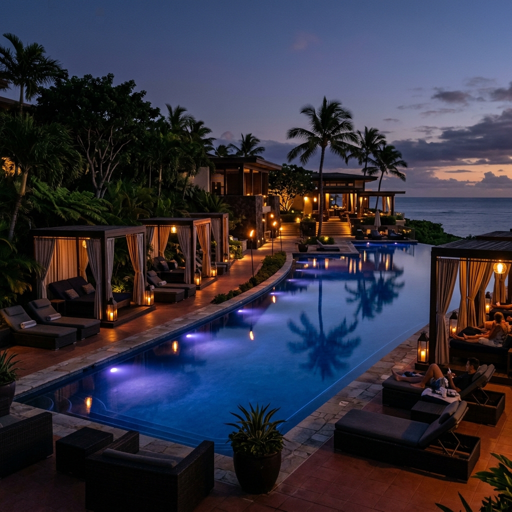 High-end resort pool at dusk with luxury cabanas
