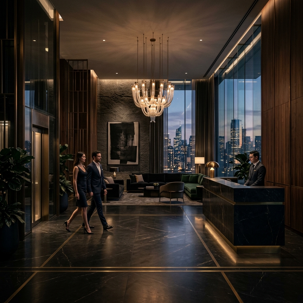 Luxury high-rise condominium lobby
