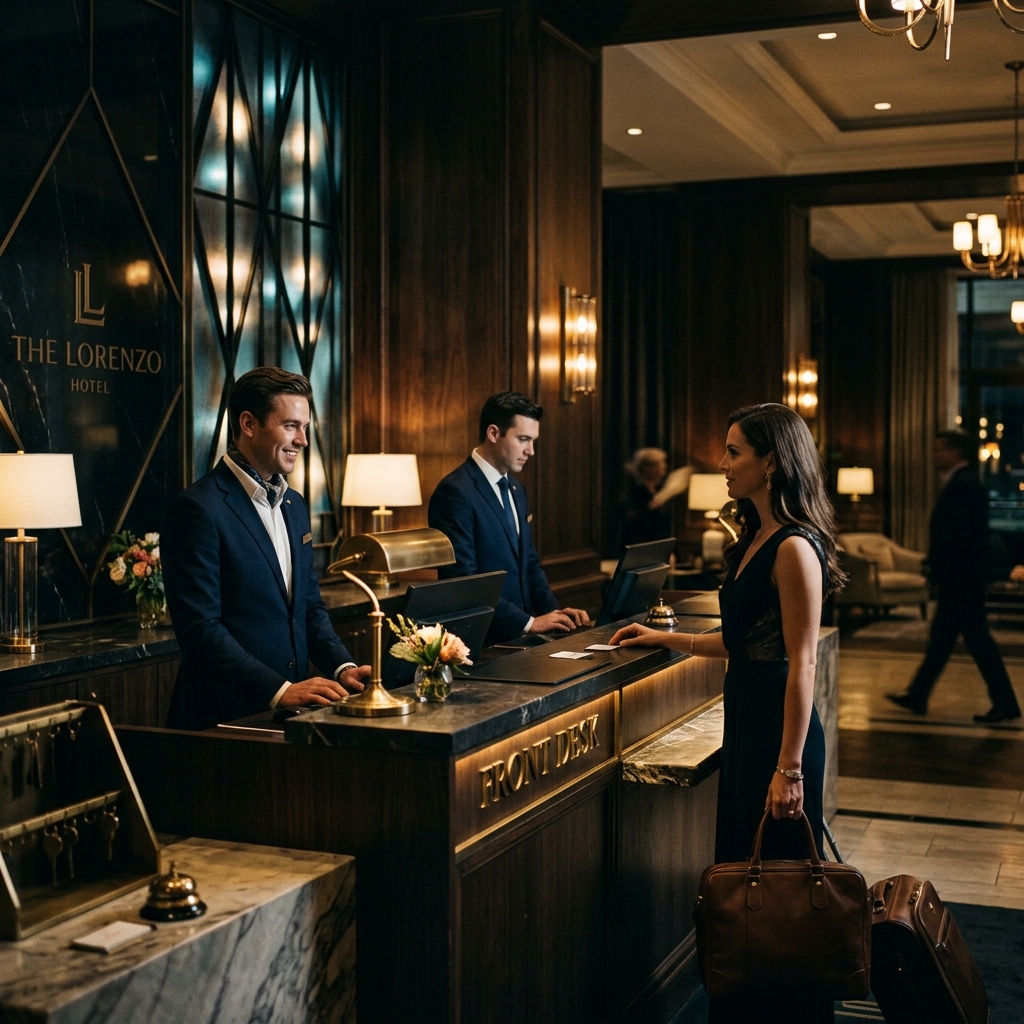 High-end luxury hotel front desk with professional staff