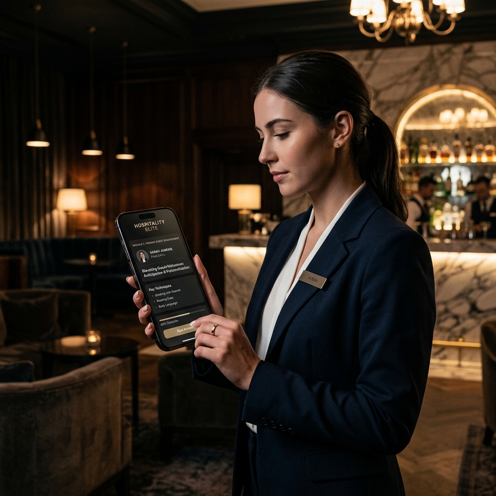 Sleek mobile phone displaying premium hospitality training app