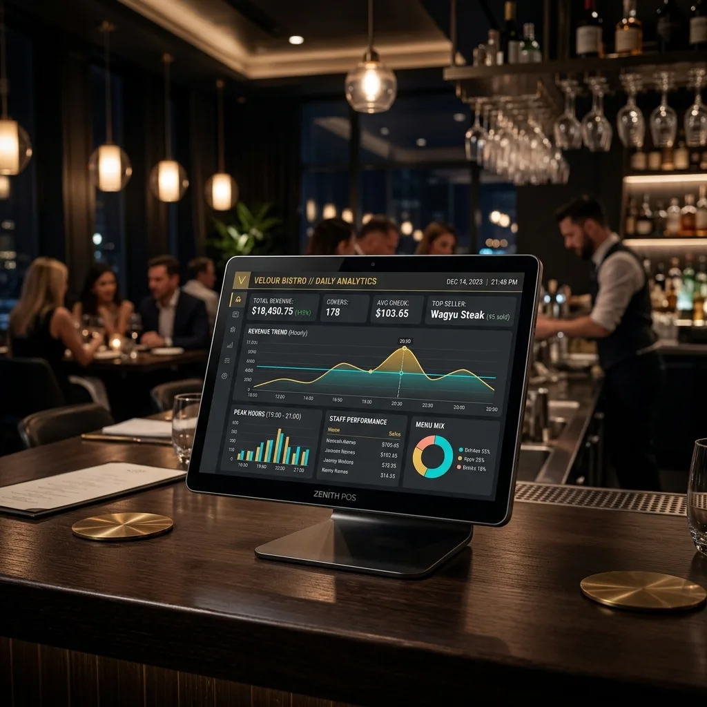 Sleek modern POS system showing analytics
